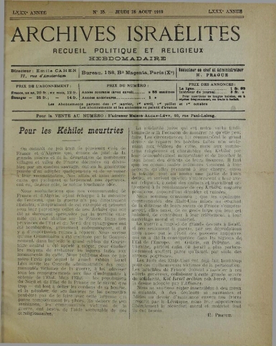 Archives israélites de France. Vol.80 N°35 (28 août 1919)